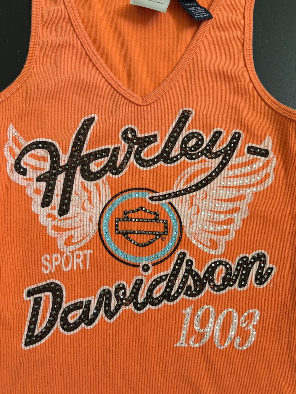 Harley Davidson Orange Ribbed Tank Top Studded Logo Y2K USA Retro Size Small - Picture 2 of 4